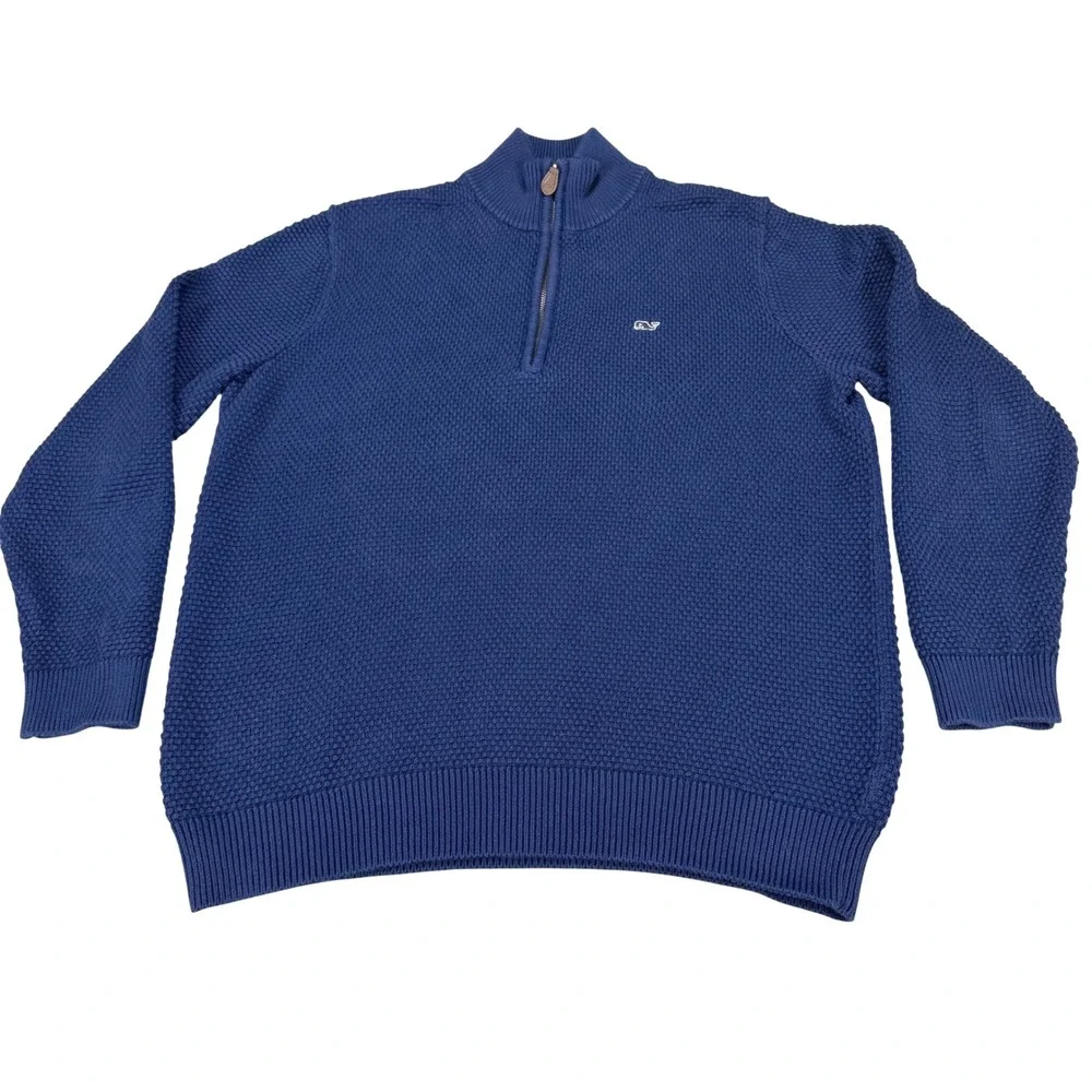 Vineyard Vines Mens Medium Blue Cotton Waffle Knit Quarter Zip Pullover Sweater